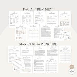 May include: A collection of printable forms for facial treatments, manicures, and pedicures. The forms are in black and white and include sections for client information, treatment details, and aftercare instructions. The text "FACIAL TREATMENT" and "MANICURE & PEDICURE" are visible.