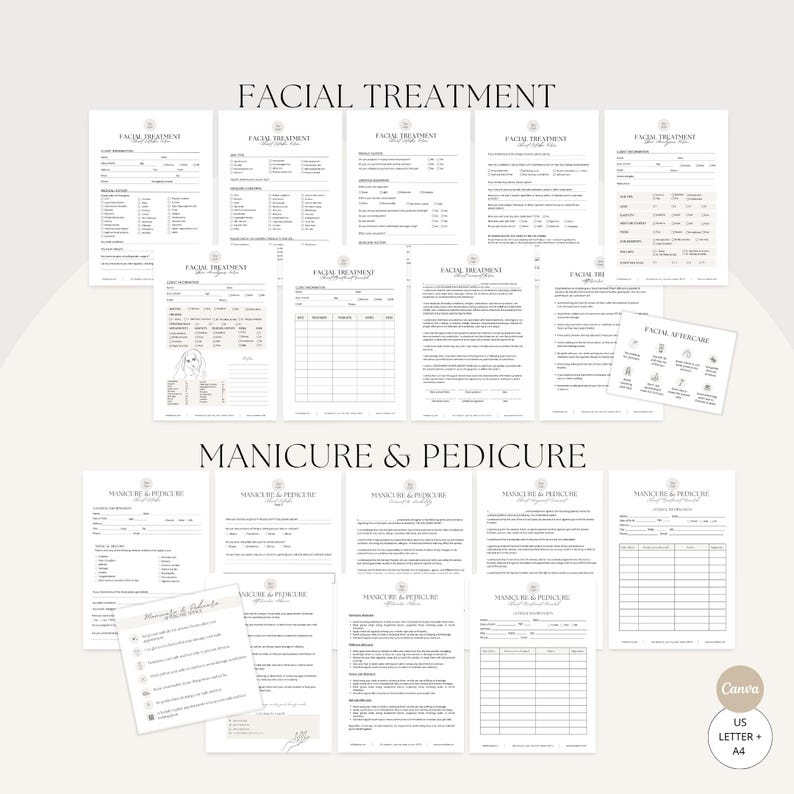 May include: A collection of printable forms for facial treatments, manicures, and pedicures. The forms are in black and white and include sections for client information, treatment details, and aftercare instructions. The text "FACIAL TREATMENT" and "MANICURE & PEDICURE" are visible.