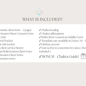 Peut inclure: Une liste d'&eacute;l&eacute;ments inclus dans une trousse &agrave; outils pour praticien Reiki. La liste comprend des formulaires, des suivis et des mod&egrave;les pour l'accueil des clients, le consentement et l'historique des services. Un guide des chakras bonus est &eacute;galement inclus.
