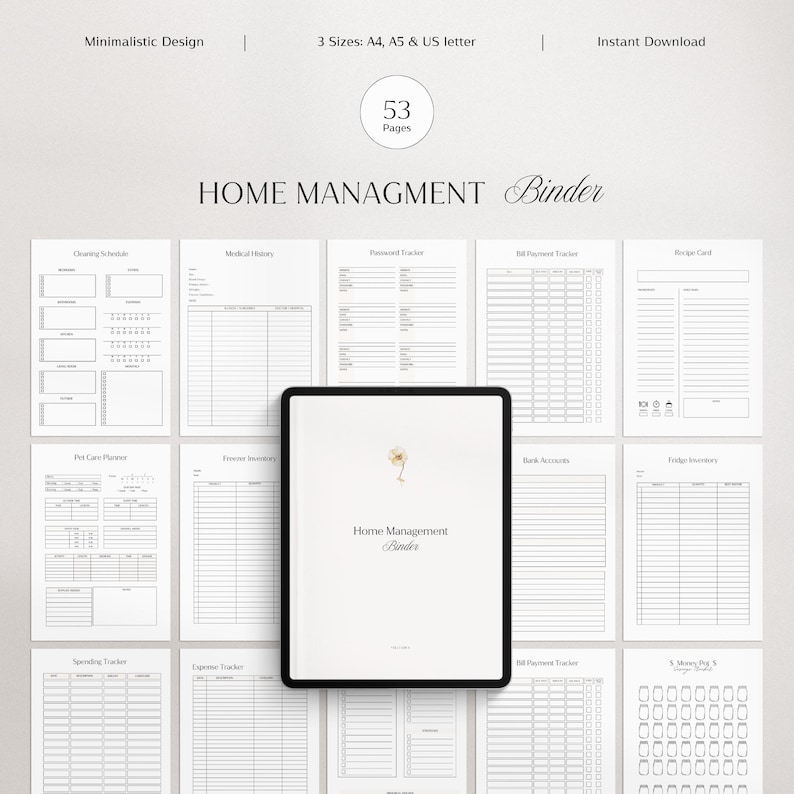 May include: A digital planner with 53 pages for home management. The planner includes sections for cleaning schedules, medical history, password tracker, bill payment tracker, recipe cards, pet care planner, freezer inventory, bank accounts, fridge inventory, spending tracker, expense tracker, and more.