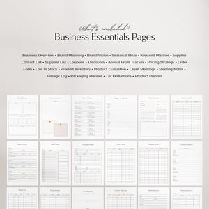 May include: A printable business planner with pages for brand planning, product inventory, client meetings, and more. The pages are blank and ready to be filled in.