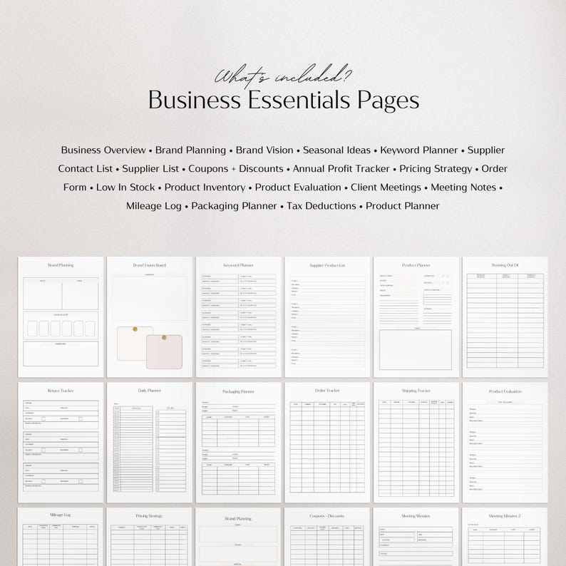 May include: A printable business planner with pages for brand planning, product inventory, client meetings, and more. The pages are blank and ready to be filled in.