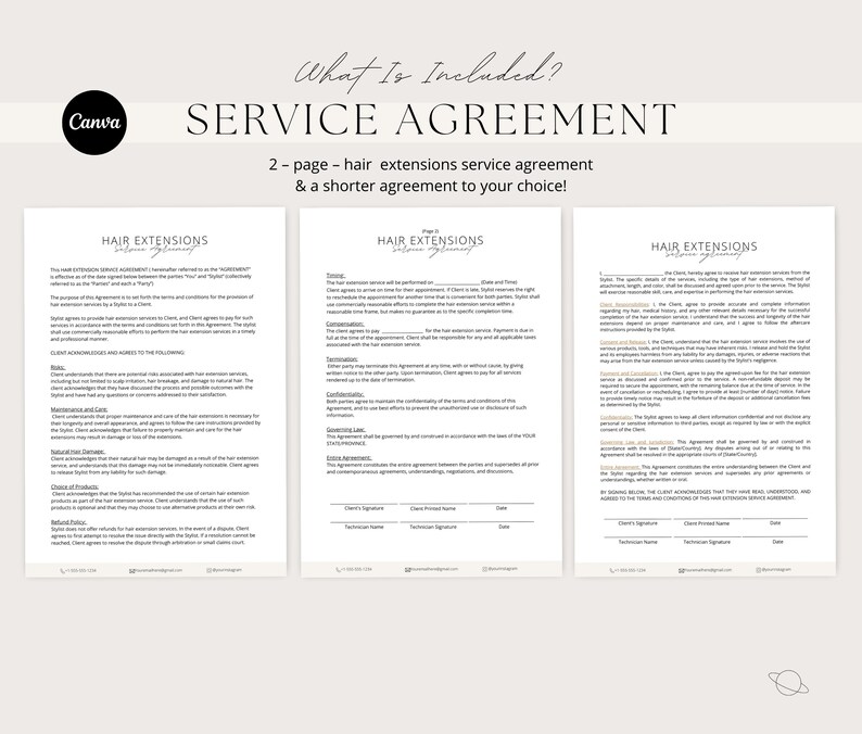 Op de afbeelding: Een tweezijdig serviceovereenkomst voor haarextensies met de titel "Hair Extensions Service Agreement" en de tekst "What is Included?" en "Service Agreement".