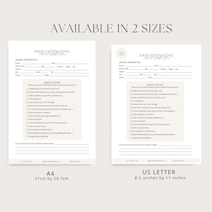Op de afbeelding: Twee printbare intakeformulieren voor klanten van haarverlengingen in A4-formaat (21 cm x 29,7 cm) en US Letter-formaat (8,5 inch x 11 inch). De formulieren bevatten secties voor algemene informatie en medische geschiedenis met selectievakjes voor allergie&euml;n, auto-immuunziekten, hoofdhuidaandoeningen, haaruitval, enz.