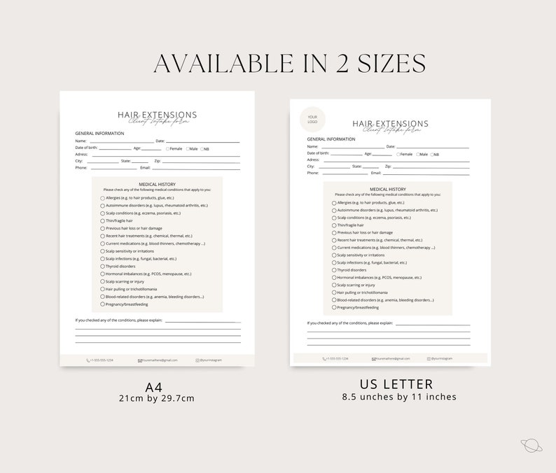 Op de afbeelding: Twee printbare intakeformulieren voor klanten van haarverlengingen in A4-formaat (21 cm x 29,7 cm) en US Letter-formaat (8,5 inch x 11 inch). De formulieren bevatten secties voor algemene informatie en medische geschiedenis met selectievakjes voor allergie&euml;n, auto-immuunziekten, hoofdhuidaandoeningen, haaruitval, enz.