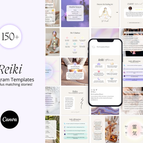 Reiki Instagram templates, Reiki Social Media posts, Reiki Business marketing, Spiritual Posts, Energy Healing, Reiki posts, Chakra Guide.