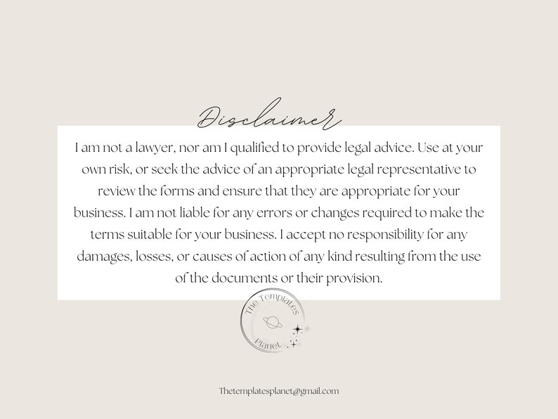 May include: Disclaimer text stating that the creator is not a lawyer and cannot provide legal advice. The text encourages users to seek legal counsel for any legal matters.