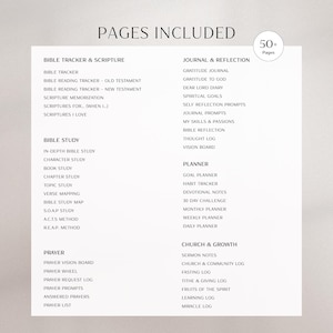 May include: A white informational sheet titled PAGES INCLUDED with a circular badge stating 50+ Pages. The text lists categories including BIBLE TRACKER & SCRIPTURE, BIBLE STUDY, PRAYER, JOURNAL & REFLECTION, PLANNER, and CHURCH & GROWTH with sub-items.
