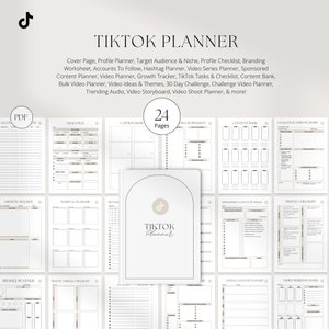 May include: A printable TikTok planner with 24 pages, featuring a variety of templates for planning content, tracking growth, and managing social media accounts. The planner includes sections for video ideas, captions, hashtags, analytics, and more.