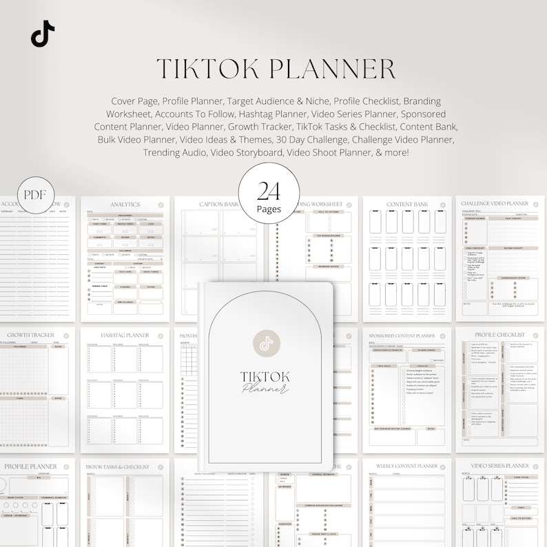 May include: A printable TikTok planner with 24 pages, featuring a variety of templates for planning content, tracking growth, and managing social media accounts. The planner includes sections for video ideas, captions, hashtags, analytics, and more.