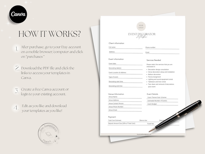 May include: A printable event planner template with instructions on how to download and edit the template in Canva. The template includes sections for client information, event details, services needed, venue information, and payment.