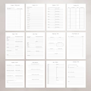 May include: A collection of twelve white printable planner pages featuring black text and lines. The sheets include headers such as Scripture Memorization, Prayer List, Chapter Study, Book Study, Bible Study Map, Prayer Request Log, and Daily Planner.