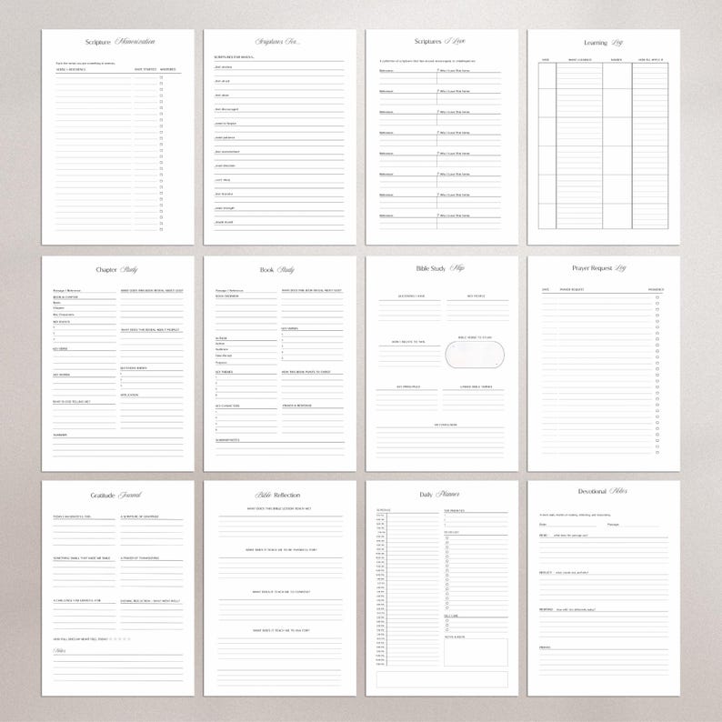 May include: A collection of twelve white printable planner pages featuring black text and lines. The sheets include headers such as Scripture Memorization, Prayer List, Chapter Study, Book Study, Bible Study Map, Prayer Request Log, and Daily Planner.