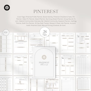 May include: A printable Pinterest planner with 28 pages, featuring a beige and white colour scheme. The planner includes sections for research, brand identity, target audience, story planner, video pin planner, competitors, group boards to join, and followers tracker.