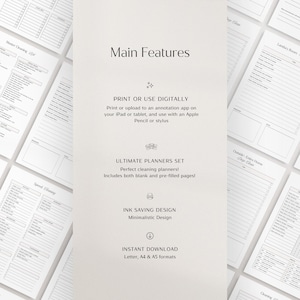 Puede incluir: Un conjunto de planificadores de limpieza imprimibles con un dise&ntilde;o minimalista. El conjunto incluye p&aacute;ginas en blanco y pre-rellenadas. El planificador se puede imprimir o usar digitalmente en un iPad o tableta con un Apple Pencil o un l&aacute;piz &oacute;ptico. El planificador est&aacute; disponible en los formatos Letter, A4 y A5.