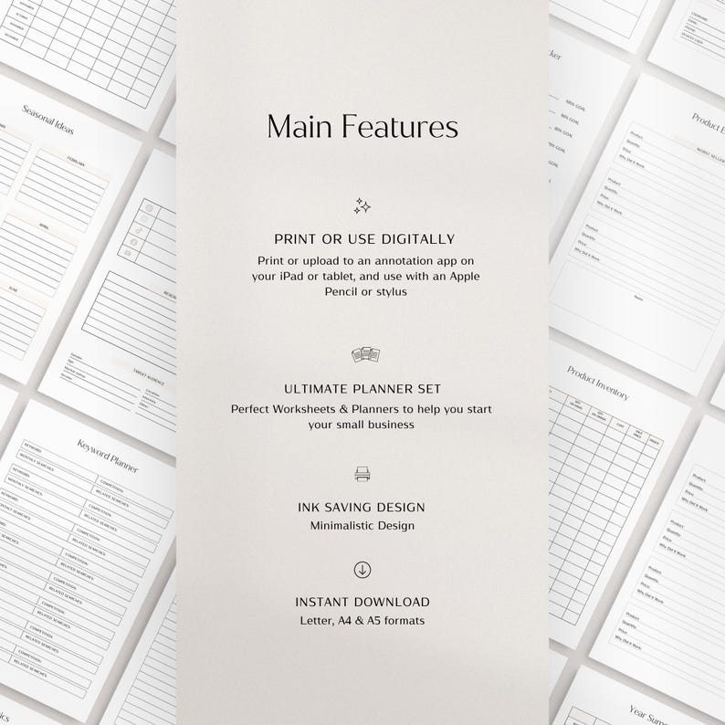 May include: A set of printable business planner worksheets and templates. The text on the image reads "Main Features", "Print or Use Digitally", "Ultimate Planner Set", "Ink Saving Design", "Minimalistic Design", "Instant Download", "Letter, A4 & A5 formats".