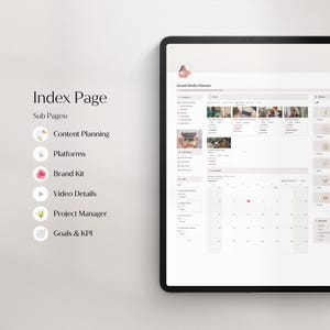 May include: A digital planner for social media with a calendar, content planning, and platform sections. The planner has a pink and white color scheme and includes icons for each section.