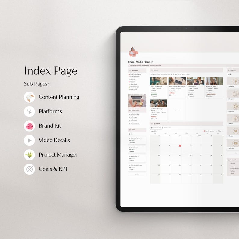 May include: A digital planner for social media with a calendar, content planning, and platform sections. The planner has a pink and white color scheme and includes icons for each section.