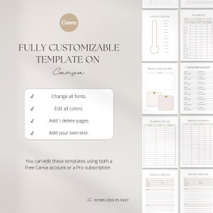 May include: A set of printable planner templates for Canva, featuring a variety of layouts for tracking savings, brand vision, keyword planning, pricing strategy, and meeting minutes. The templates are fully customizable, allowing users to change fonts, colors, and add or delete pages.