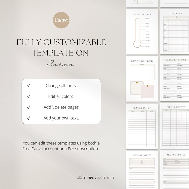 May include: A set of printable planner templates for Canva, featuring a variety of layouts for tracking savings, brand vision, keyword planning, pricing strategy, and meeting minutes. The templates are fully customizable, allowing users to change fonts, colors, and add or delete pages.