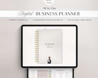 Op de afbeelding: Een digitale businessplanner op een tabletscherm met een beige kaft, gouden spiraalbinding, de tekst "BUSINESS Planner" en een kleine illustratie. De planner bevat meer dan 600 pagina's, ongedateerde lay-outs en links naar Google- en Apple-agenda's.