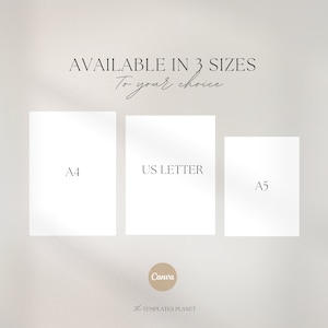 May include: A graphic showing three different sizes of paper: A4, US Letter, and A5. The text "AVAILABLE IN 3 SIZES To your choice" is at the top of the image. The text "Canva" is at the bottom of the image.