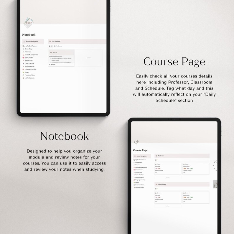 Op de afbeelding: Twee zwarte tablets met een digitale notitieboekinterface. De bovenste tablet toont een notitieboekmenu, terwijl de onderste tablet een cursuspagina weergeeft. Tekst op de afbeelding bevat "Notebook" en "Course Page", met beschrijvingen van hun functies.