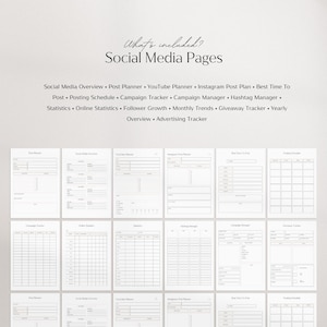 May include: A printable social media planner with pages for social media overview, post planner, YouTube planner, Instagram post plan, best time to post, posting schedule, campaign tracker, campaign manager, hashtag manager, statistics, online statistics, follower growth, monthly trends, giveaway tracker, yearly overview, and advertising tracker.