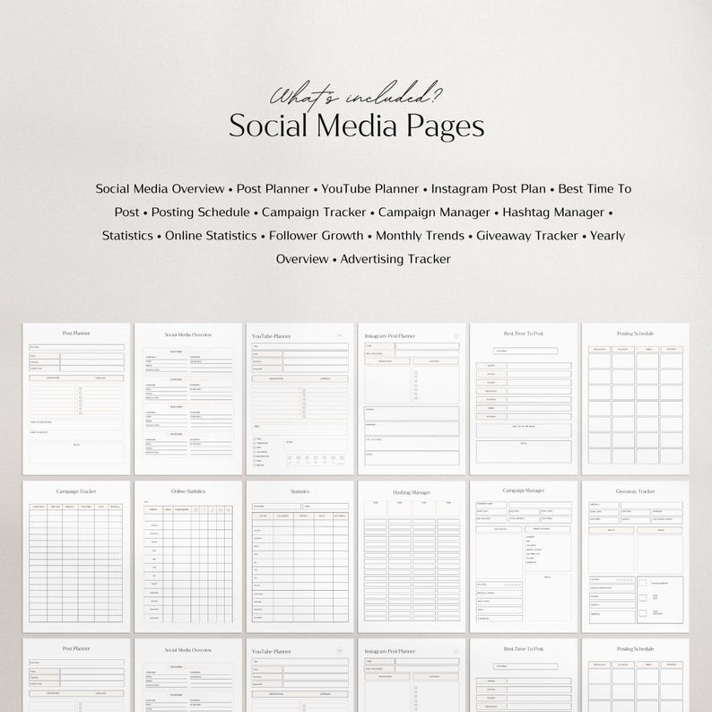 May include: A printable social media planner with pages for social media overview, post planner, YouTube planner, Instagram post plan, best time to post, posting schedule, campaign tracker, campaign manager, hashtag manager, statistics, online statistics, follower growth, monthly trends, giveaway tracker, yearly overview, and advertising tracker.
