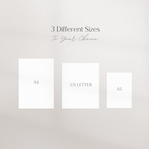 May include: Three white paper sheets with the text "A4", "US Letter", and "A5" printed on them. The text "3 Different Sizes To Your Choice" is printed above the sheets.