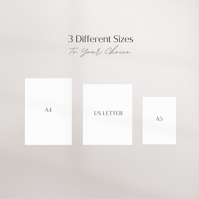 May include: Three white paper sheets with the text "A4", "US Letter", and "A5" printed on them. The text "3 Different Sizes To Your Choice" is printed above the sheets.