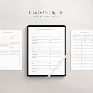 May include: Three printable digital planner pages: a product planner, a supplier contact list, and a savings tracker. The pages are designed in a minimalist style with black text on a white background.