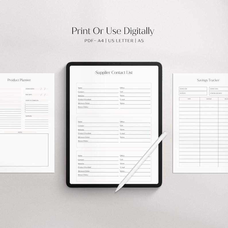 May include: Three printable digital planner pages: a product planner, a supplier contact list, and a savings tracker. The pages are designed in a minimalist style with black text on a white background.