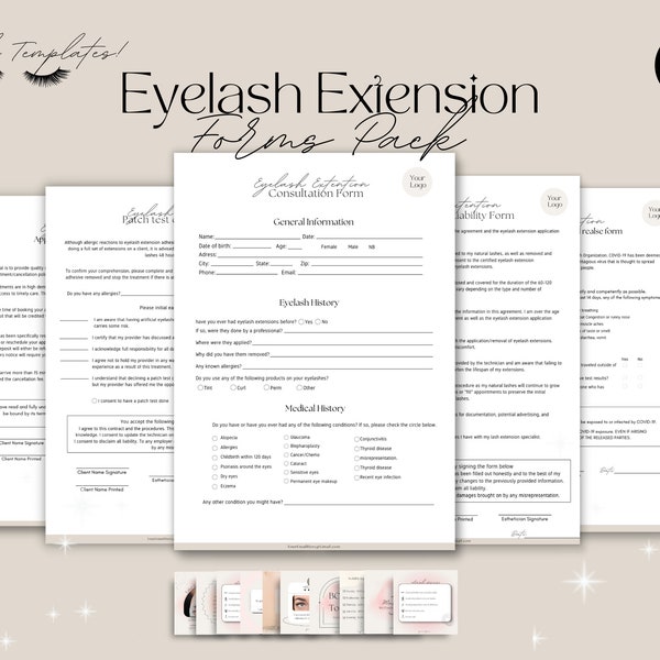 Eyelash Extension Forms, Lash consent form, Lash extension consent form,  Lash Tech Consultation form, Esthetician template.