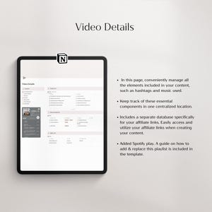 May include: A screenshot of a digital planner page titled "Video Details". The page includes sections for tracking video details, such as hashtags, music, and affiliate links. The page also includes a section for adding and replacing a Spotify playlist.