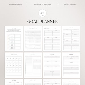 Op de afbeelding: Een witte doelplanner met een minimalistisch ontwerp. De planner bevat secties voor doelstellingen, voortgangsregistratie en dagelijkse planning. De tekst op de omslag luidt "GOAL PLANNER" en "45 pagina's". Beschikbaar in A4, A5 en US letter.