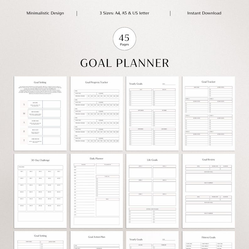 Puede incluir: Un planificador de objetivos blanco con un dise&ntilde;o minimalista. El planificador incluye secciones para la definici&oacute;n de objetivos, el seguimiento del progreso y la planificaci&oacute;n diaria. El texto en la portada dice "GOAL PLANNER" y "45 p&aacute;ginas". Disponible en A4, A5 y US letter.