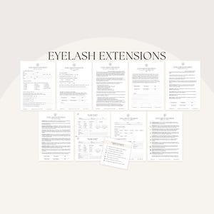 May include: A collection of white forms with the text "EYELASH EXTENSIONS" at the top. The forms are arranged on a light background. The forms appear to be for client information and consent.