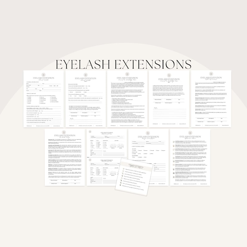 May include: A collection of white forms with the text "EYELASH EXTENSIONS" at the top. The forms are arranged on a light background. The forms appear to be for client information and consent.