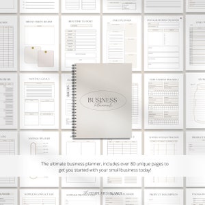 May include: A beige and white business planner with a spiral binding. The cover has a circle with the text "BUSINESS Planner" inside. The planner includes over 80 unique pages to help you start your small business.