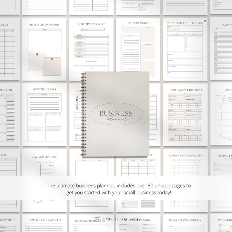 May include: A beige and white business planner with a spiral binding. The cover has a circle with the text "BUSINESS Planner" inside. The planner includes over 80 unique pages to help you start your small business.