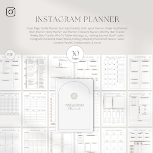 May include: A printable Instagram planner with 30 pages. The planner includes sections for a cover page, profile planner, start-up checklist, grid layout planner, single post planner, reels planner, story planner, live planner, followers tracker, monthly stats tracker, weekly stats tracker, who to follow, hashtag list, hashtag batches, goal tracker, Instagram checklist & tasks, weekly posting schedule, photoshoot planner, video content planner, collaborations, and more.