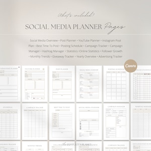 May include: A printable social media planner with pages for Instagram, YouTube, posting schedule, campaign tracker, best time to post, statistics, hashtag manager, monthly trends, giveaway tracker, and yearly overview. The planner is designed in a minimalist style with a light gray background and black text.
