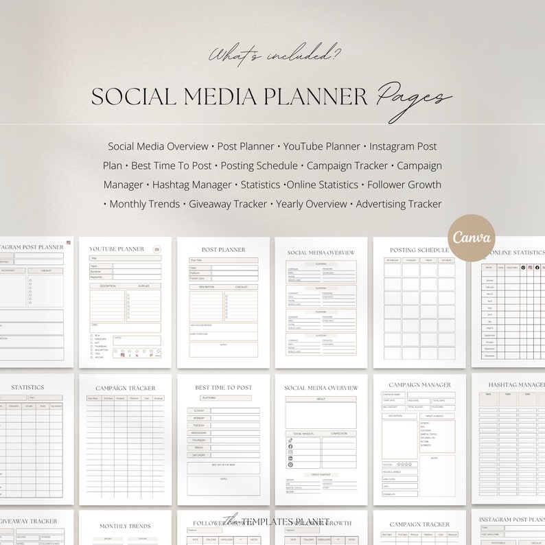 May include: A printable social media planner with pages for Instagram, YouTube, posting schedule, campaign tracker, best time to post, statistics, hashtag manager, monthly trends, giveaway tracker, and yearly overview. The planner is designed in a minimalist style with a light gray background and black text.