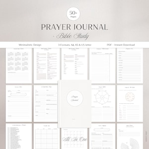 Peut inclure: Un journal de prière numérique et un planificateur d'étude biblique comprenant plus de 50 pages avec une mise en page blanche épurée. L'ensemble inclut divers modèles pour le suivi des écritures, les réflexions et calendriers en A4, A5 et US letter.
