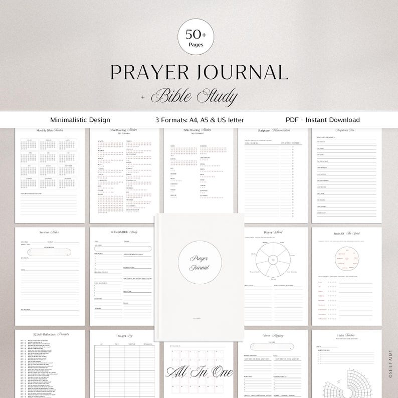 May include: A digital prayer journal and Bible study planner featuring over 50 pages with a clean, white layout. The collection includes various templates for scripture tracking, daily reflections, and calendars in A4, A5, and US letter formats.