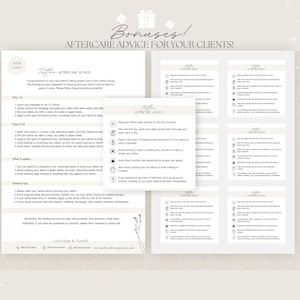 May include: A printable guide with the text "Bonuses! Aftercare Advice for Your Clients!" and "Tattoo Aftercare Advice" with instructions for tattoo aftercare. The guide includes instructions for the first 1-2 days, after 2 weeks, and general tips.