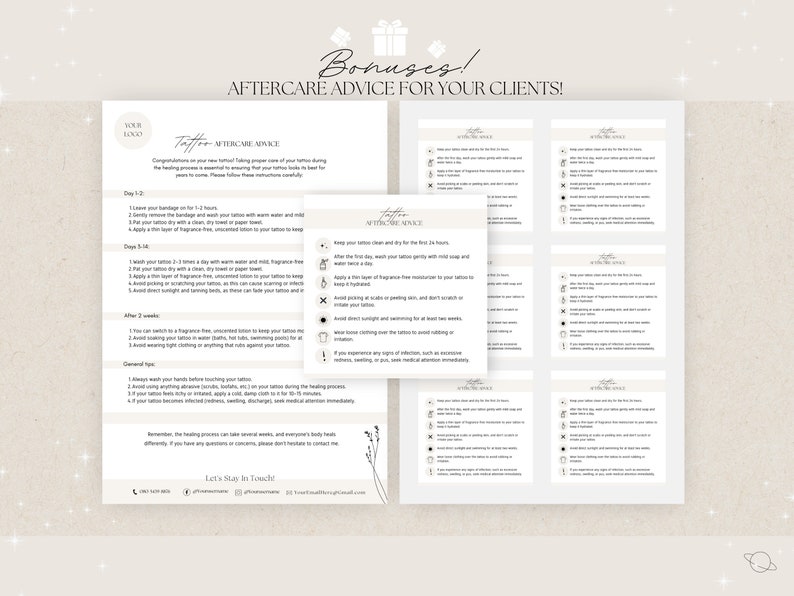 May include: A printable guide with the text "Bonuses! Aftercare Advice for Your Clients!" and "Tattoo Aftercare Advice" with instructions for tattoo aftercare. The guide includes instructions for the first 1-2 days, after 2 weeks, and general tips.