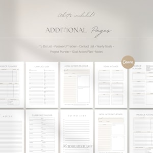 May include: A set of printable planner pages with a minimalist design. The pages include a to-do list, password tracker, contact list, yearly goals, project planner, goal action plan, and notes.