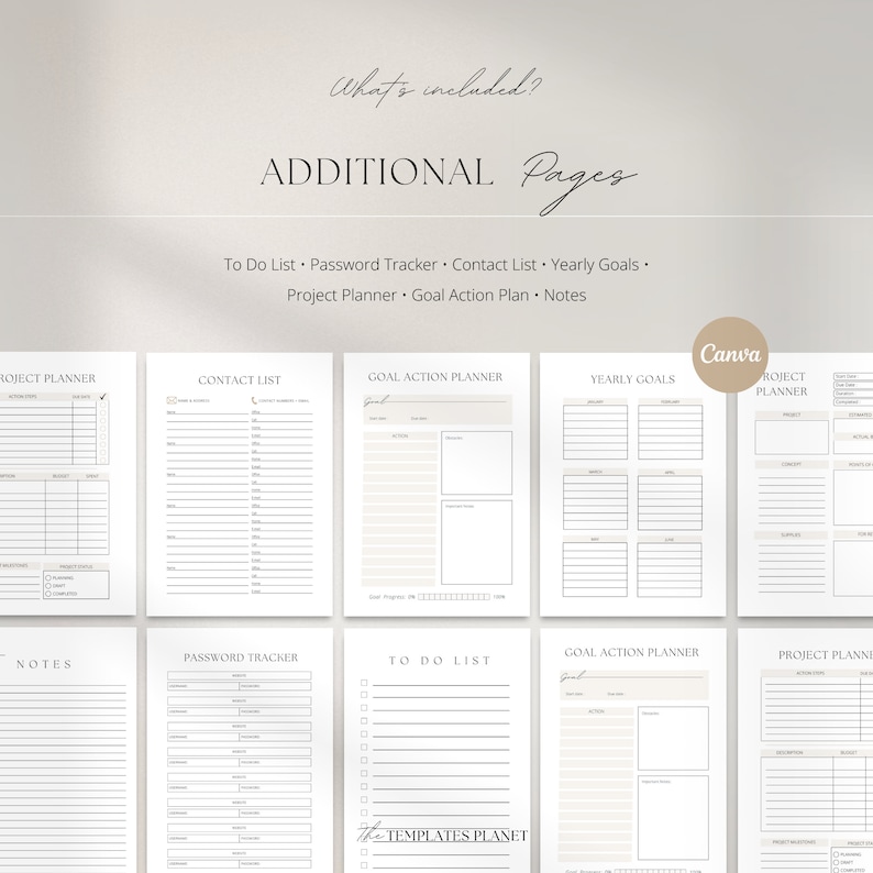 May include: A set of printable planner pages with a minimalist design. The pages include a to-do list, password tracker, contact list, yearly goals, project planner, goal action plan, and notes.